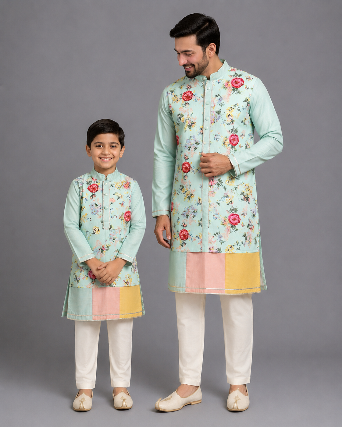 Green Multicolor kurta pyjama set with attached print panel