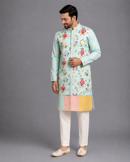 Green Multicolor kurta pyjama set with attached print panel
