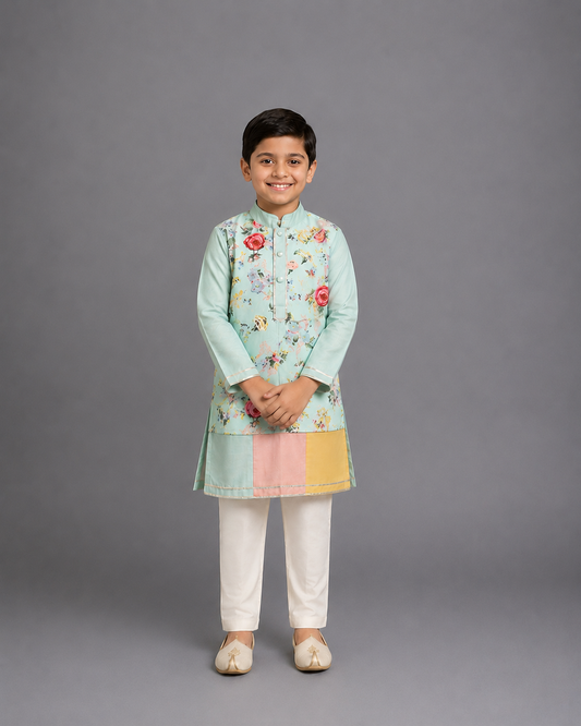 Green Multicolor kurta pyjama set with attached print panel