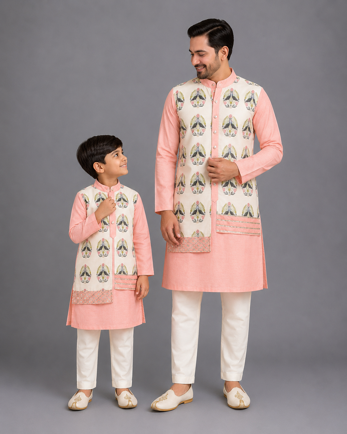 Peach Kurta Pyjama with Attached printed jacket