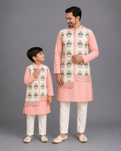 Peach Kurta Pyjama with Attached printed jacket