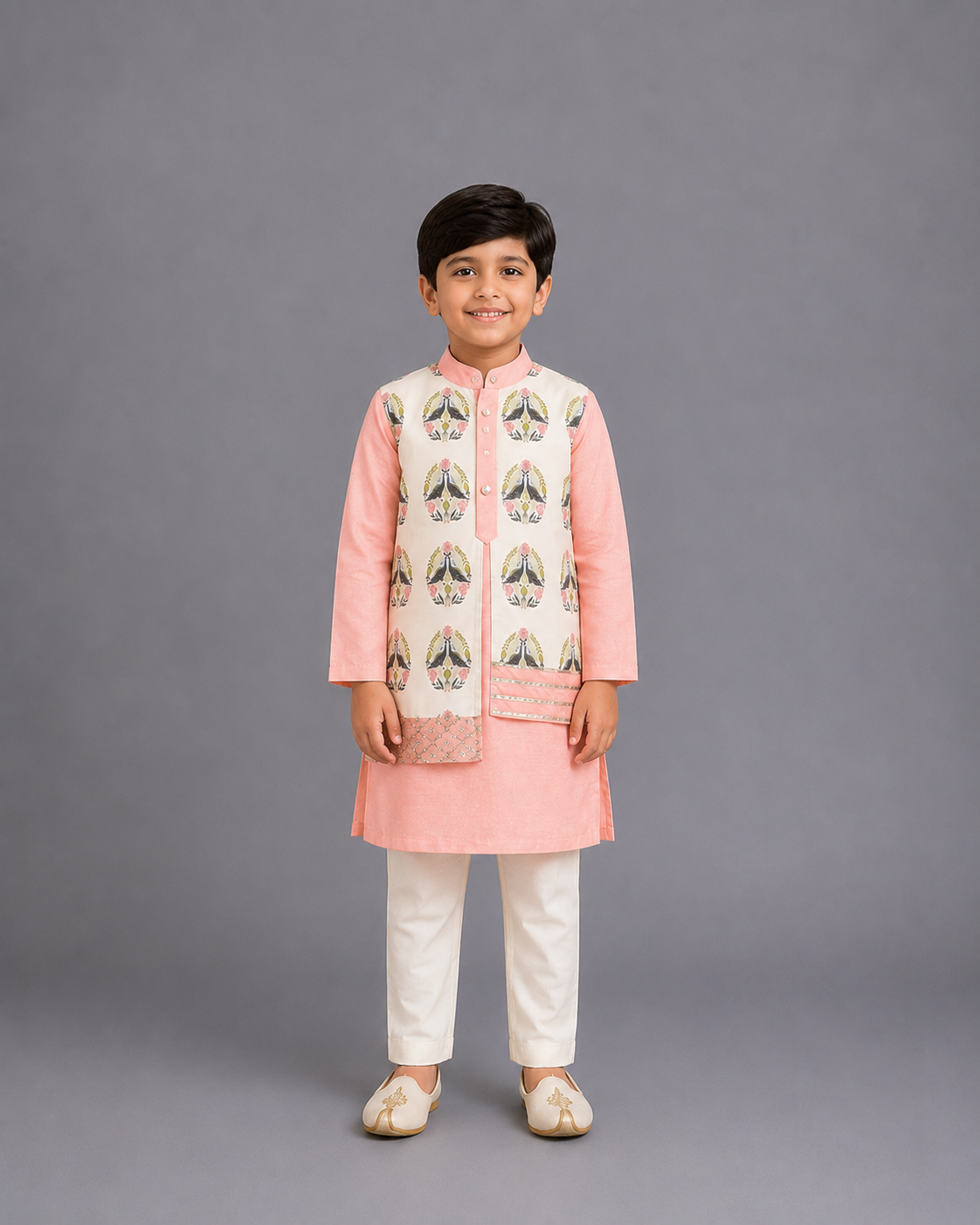 Peach Kurta Pyjama with Attached printed jacket