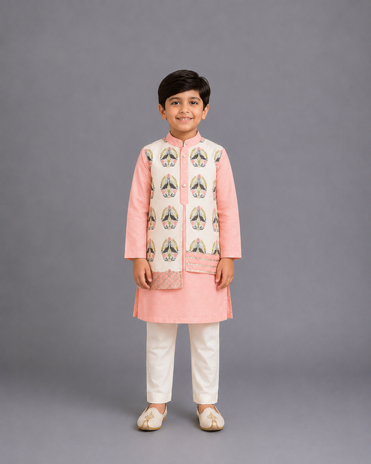 Peach Kurta Pyjama with Attached printed jacket