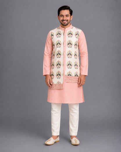 Peach Kurta Pyjama with Attached printed jacket
