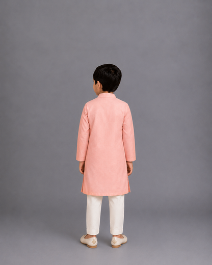 Peach Kurta Pyjama with Attached printed jacket