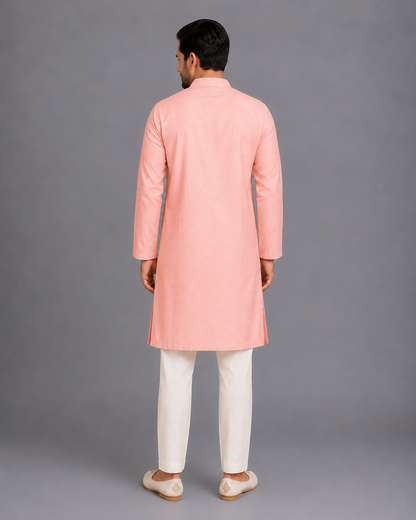 Peach Kurta Pyjama with Attached printed jacket