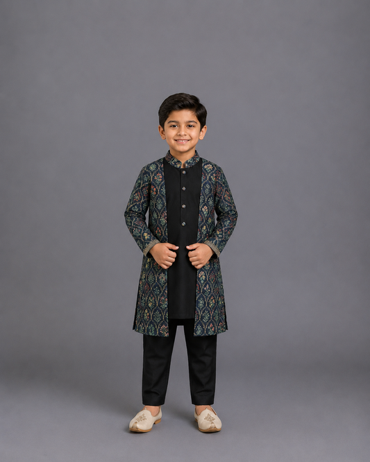 Black Kurta Pyjama with Attached printed jacket