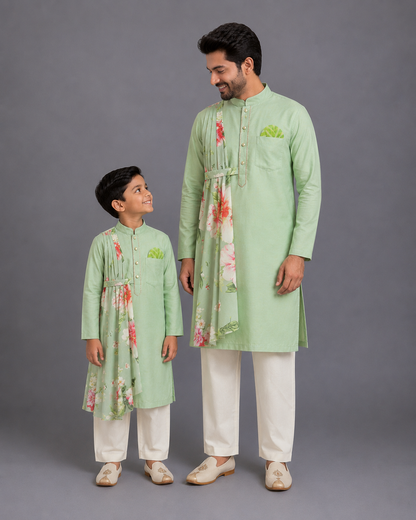 Asymetric pleat print mint green Kurta Pyjama
