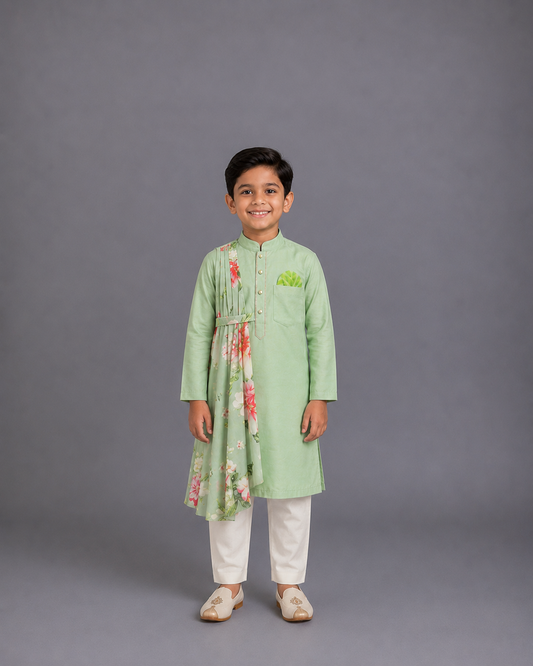 Asymetric pleat print mint green Kurta Pyjama