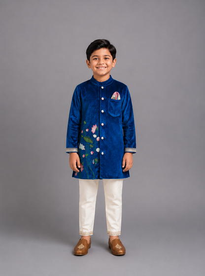 Blue Velvet bandhgala embroidery set with Offwhite trousers