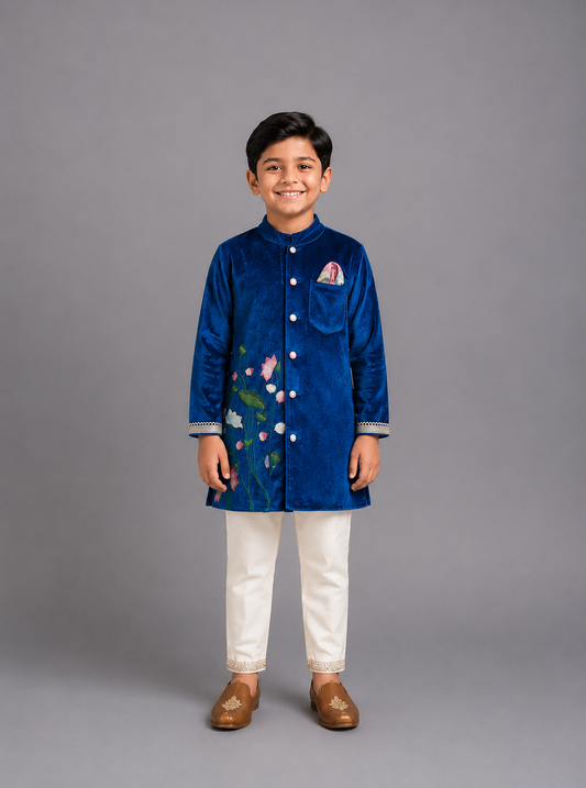 Blue Velvet bandhgala embroidery set with Offwhite trousers