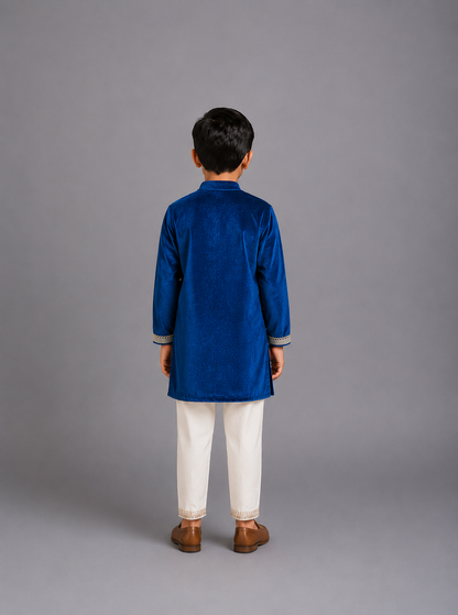 Blue Velvet bandhgala embroidery set with Offwhite trousers