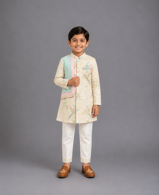 Parrot Printed Kurta Pyjama with Attached pastel Jacket