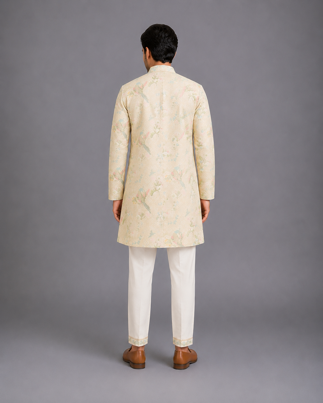 Parrot Printed Kurta Pyjama with Attached pastel Jacket