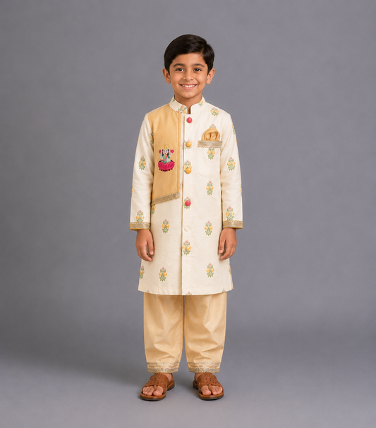 Beige Kurta Pyjama with Laxmi goddess Emb Jacket