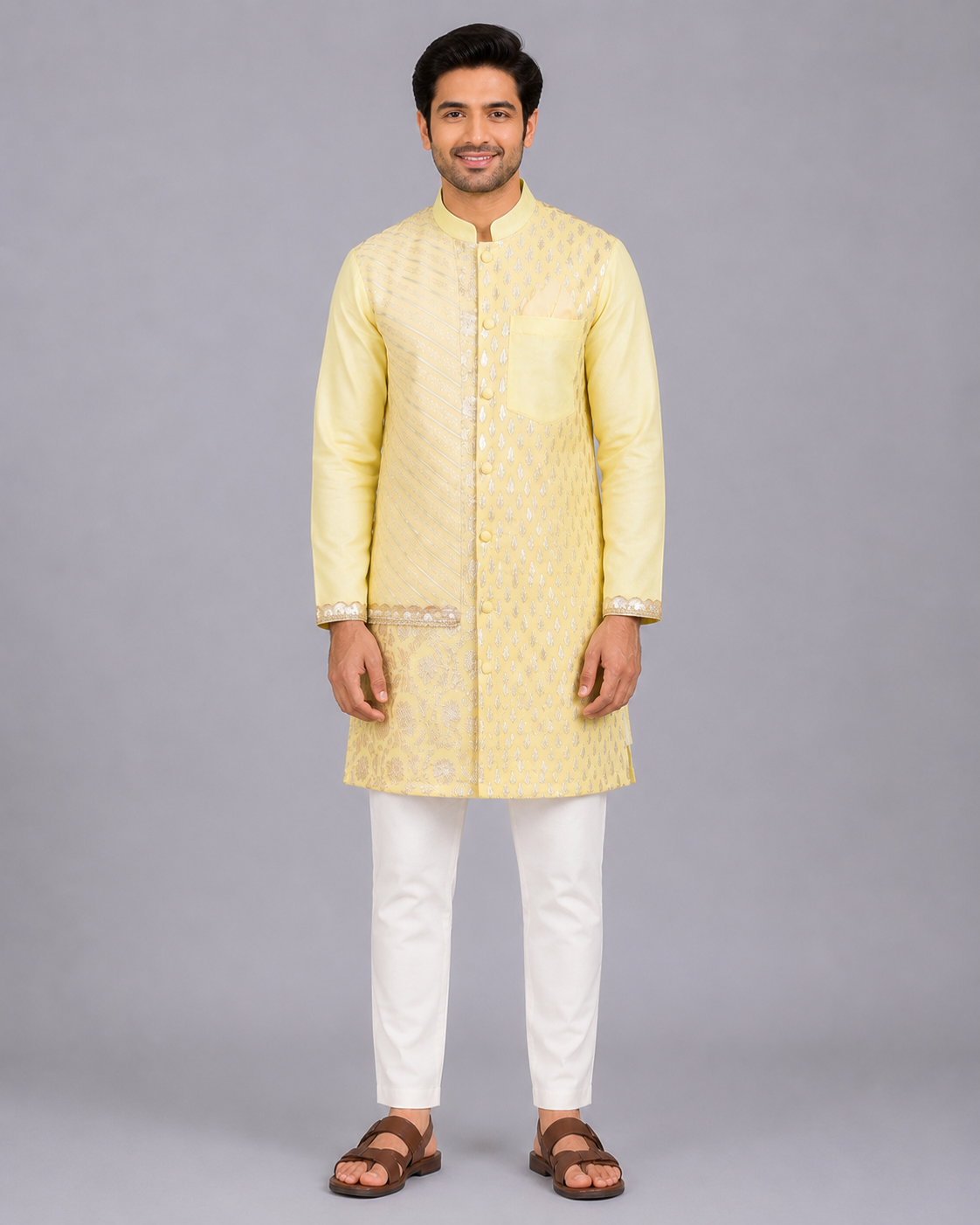 Lime Yellow  Multi Zari Panelled kurta Pyjama