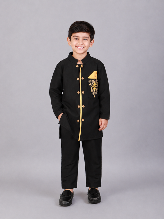Black Bandhgala Embroidery Set with Trousers