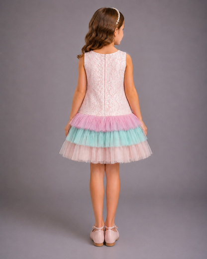 Baby Pink Lace Dress With Organza Frills