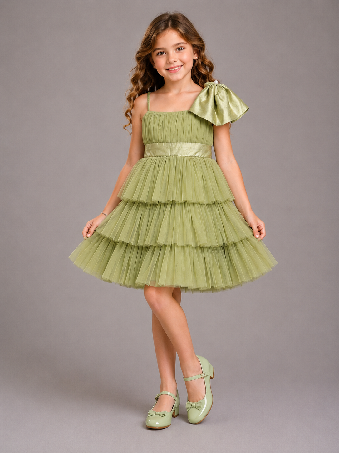 Green Net Reffled  Dress