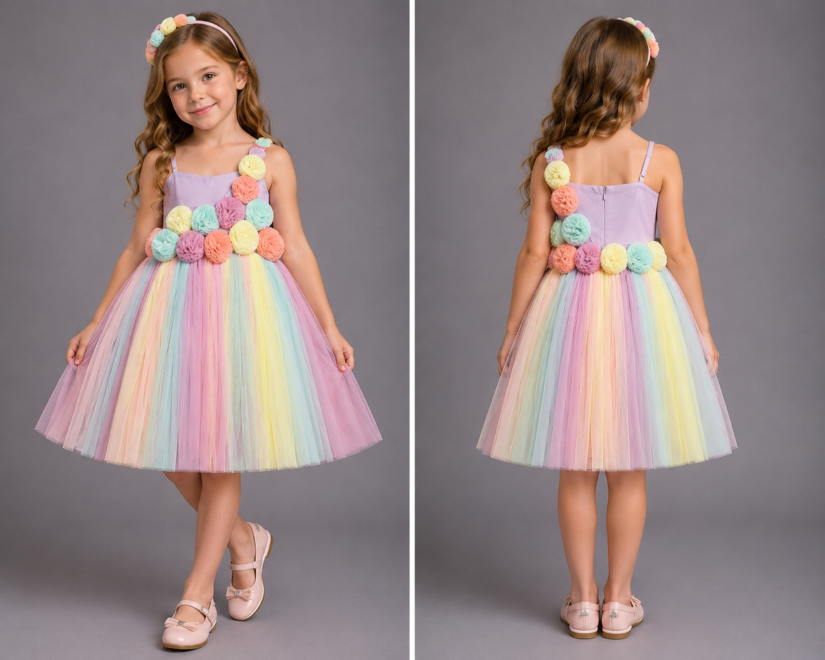 Multi Colored 3D Flower  Net Dress