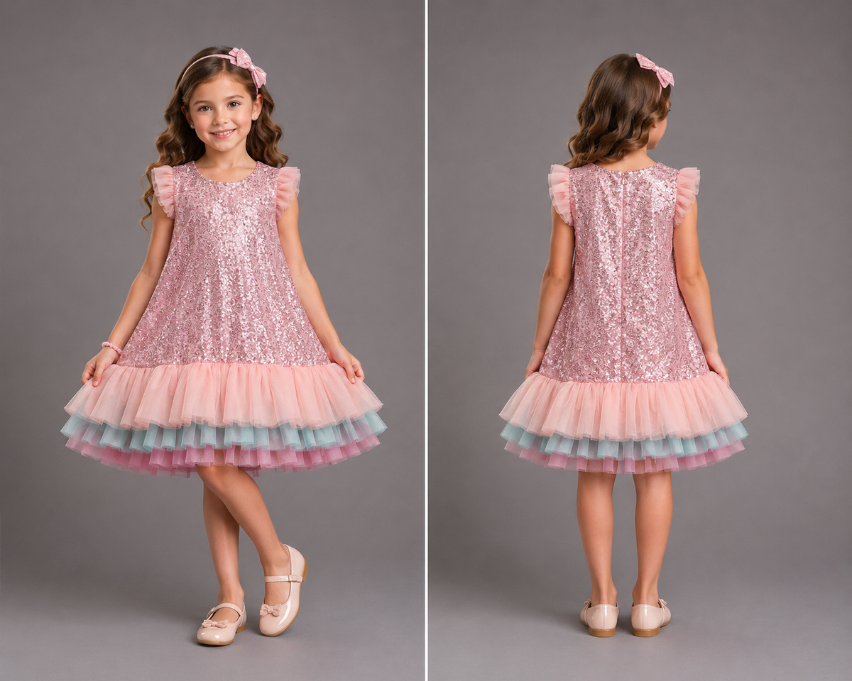 Pink Sequins With Multi Layered Ruffled Dress