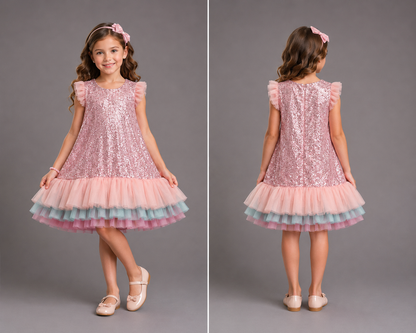 Pink Sequins With Multi Layered Ruffled Dress