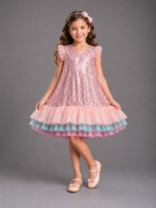 Pink Sequins With Multi Layered Ruffled Dress