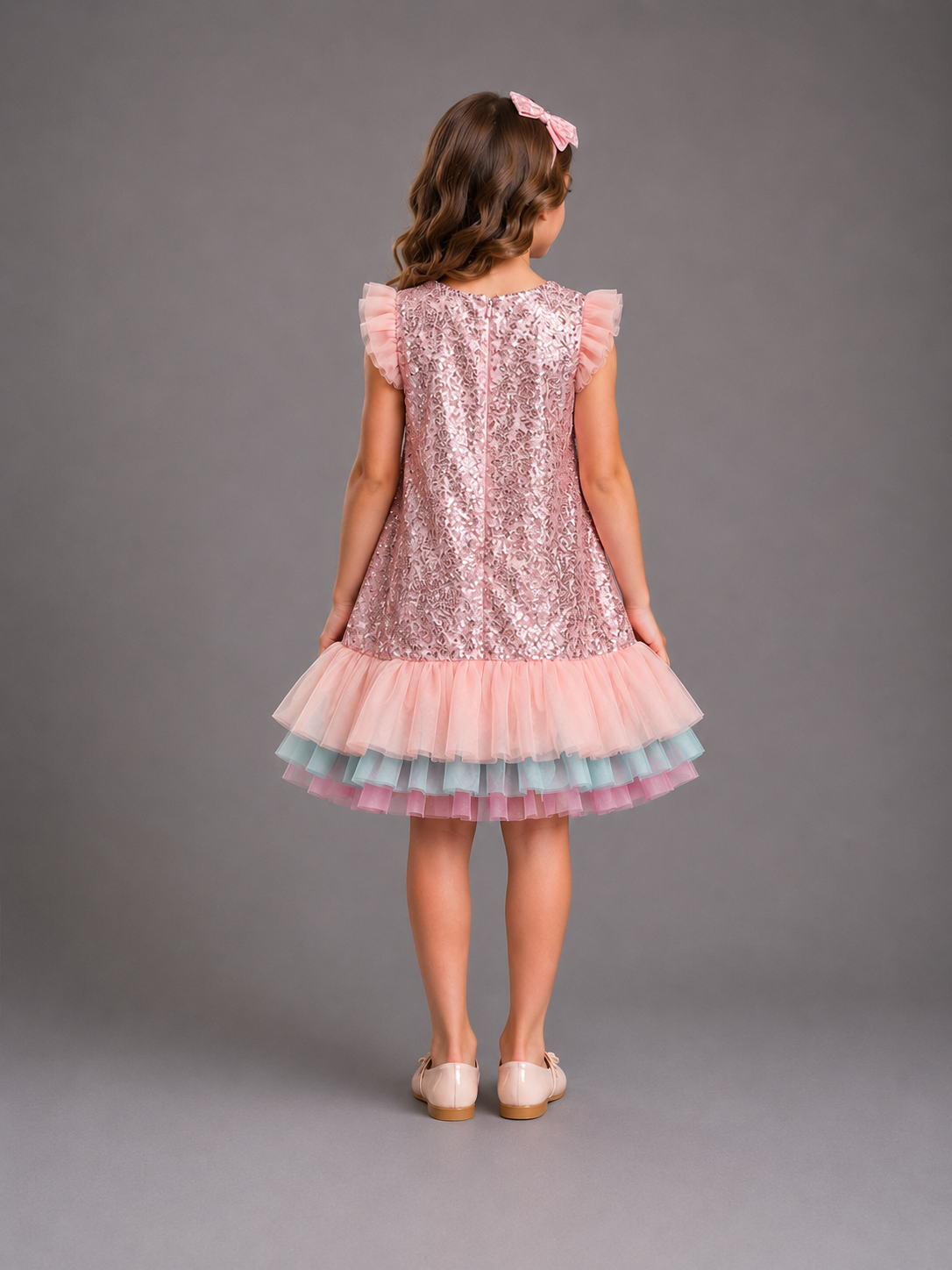 Pink Sequins With Multi Layered Ruffled Dress