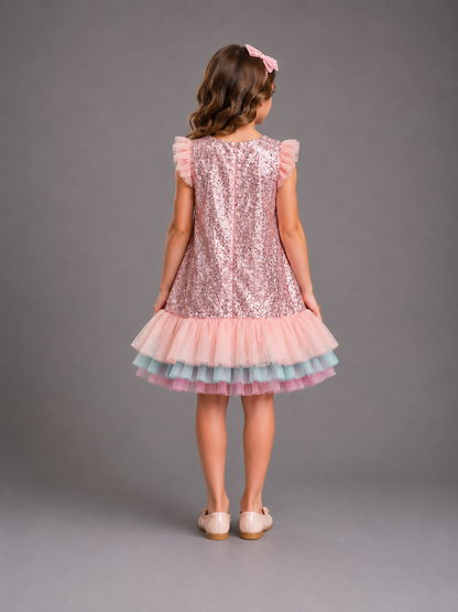 Pink Sequins With Multi Layered Ruffled Dress
