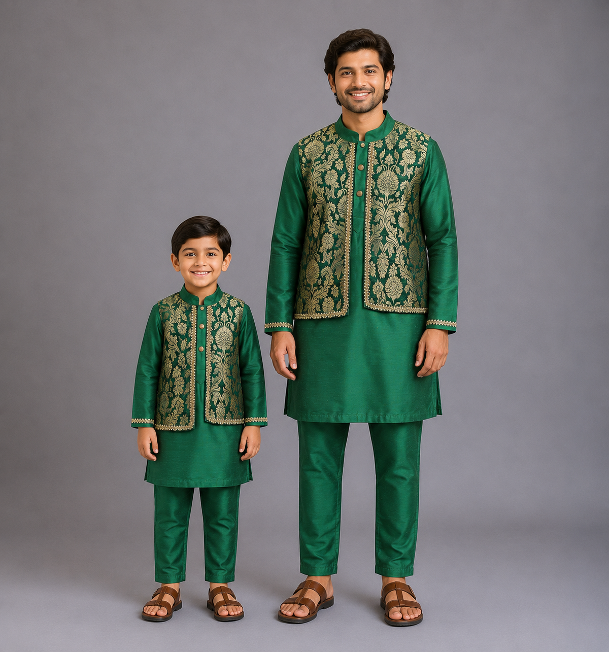 Green Kurta Pyjama with Attached Brocade jacket
