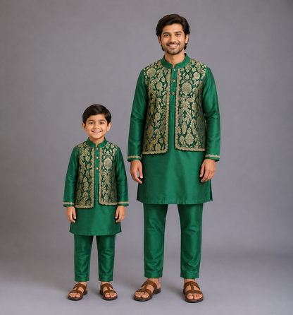 Green Kurta Pyjama with Attached Brocade jacket