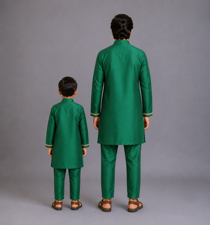 Green Kurta Pyjama with Attached Brocade jacket