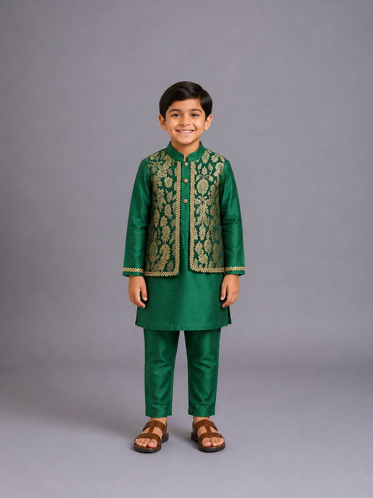 Green Kurta Pyjama with Attached Brocade jacket
