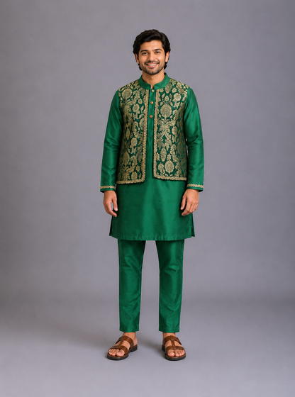 Green Kurta Pyjama with Attached Brocade jacket