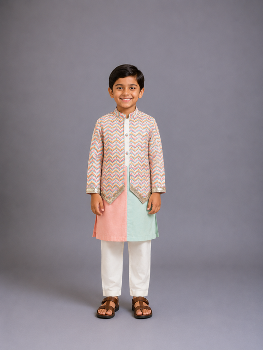 Multicolor Kurta Pyjama set with attached Print Panel