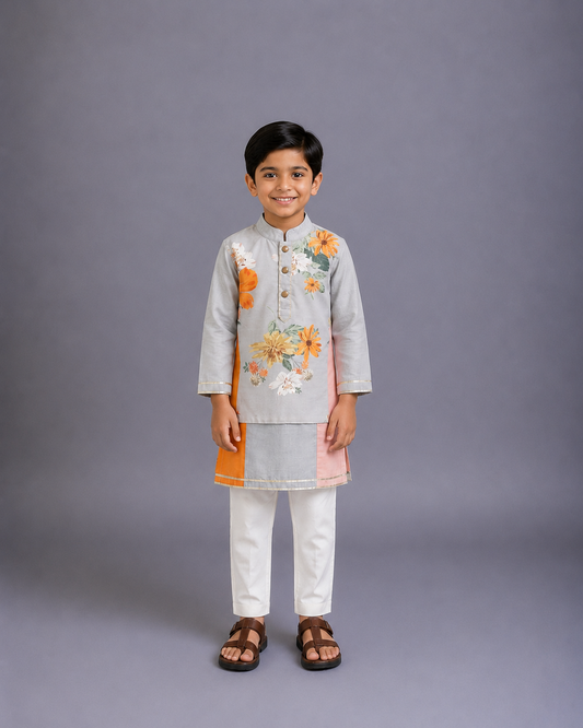 Multicolor kurta pyjama set with attached print panel