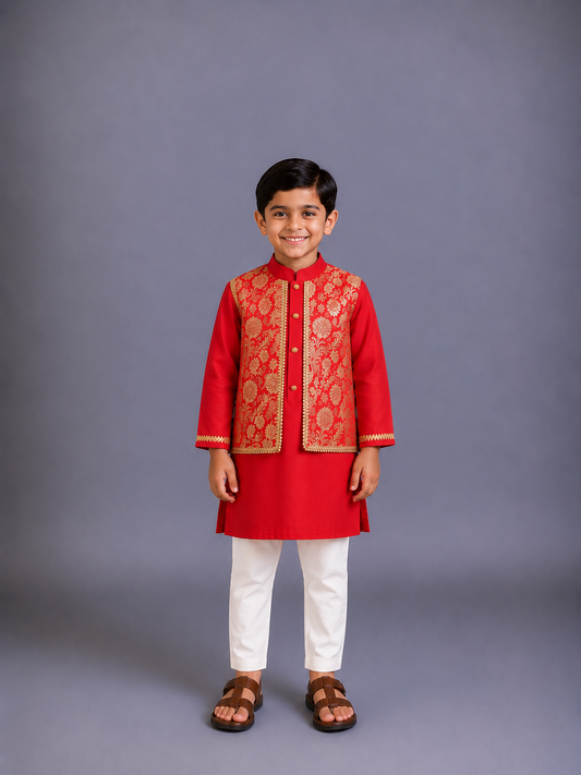 Red Kurta Pyjama with Attached Brocade jacket