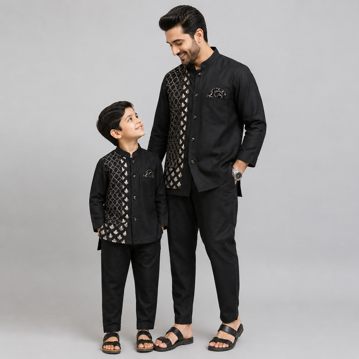 Black Kurta Pyjama with Attached jacket