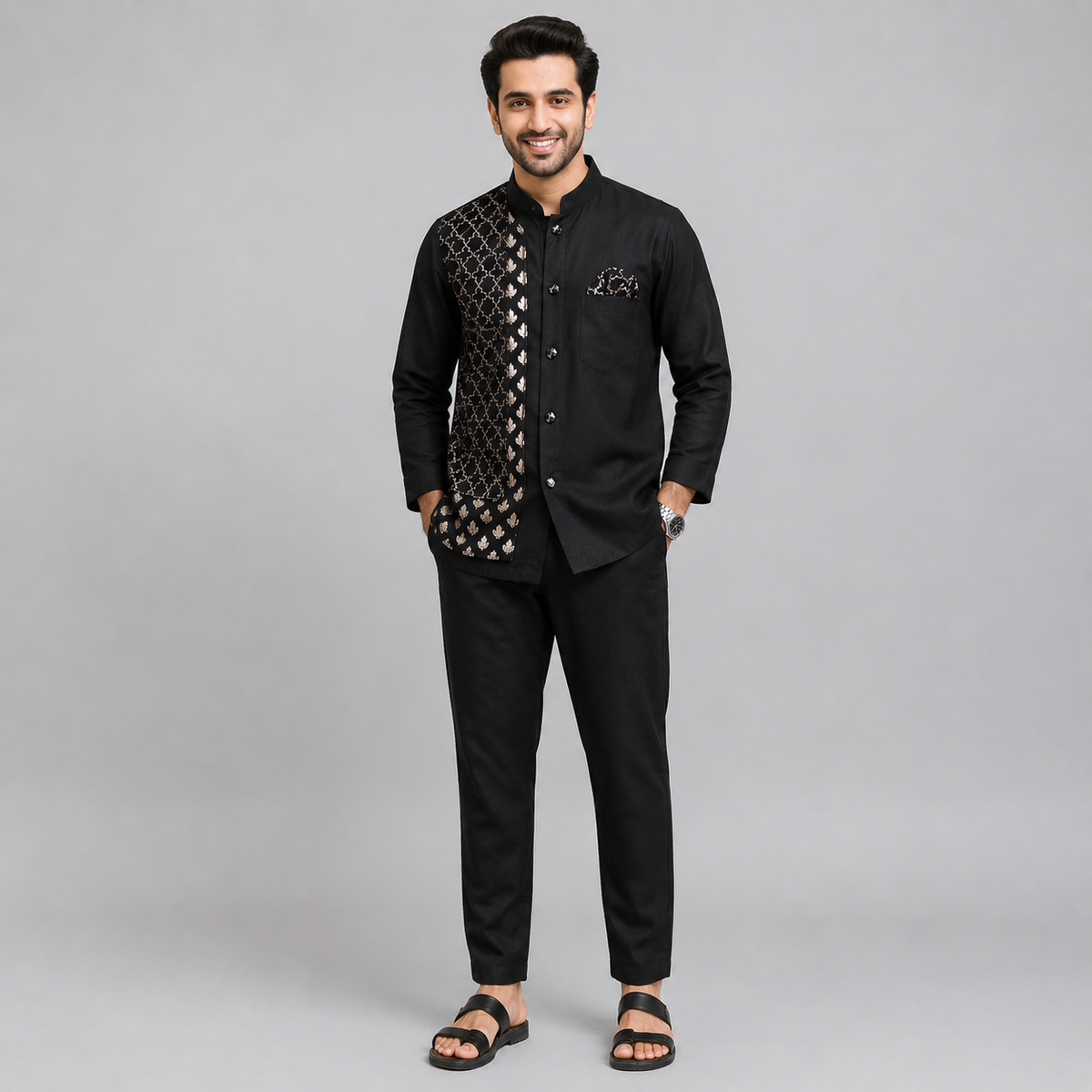 Black Kurta Pyjama with Attached jacket