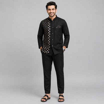 Black Kurta Pyjama with Attached jacket
