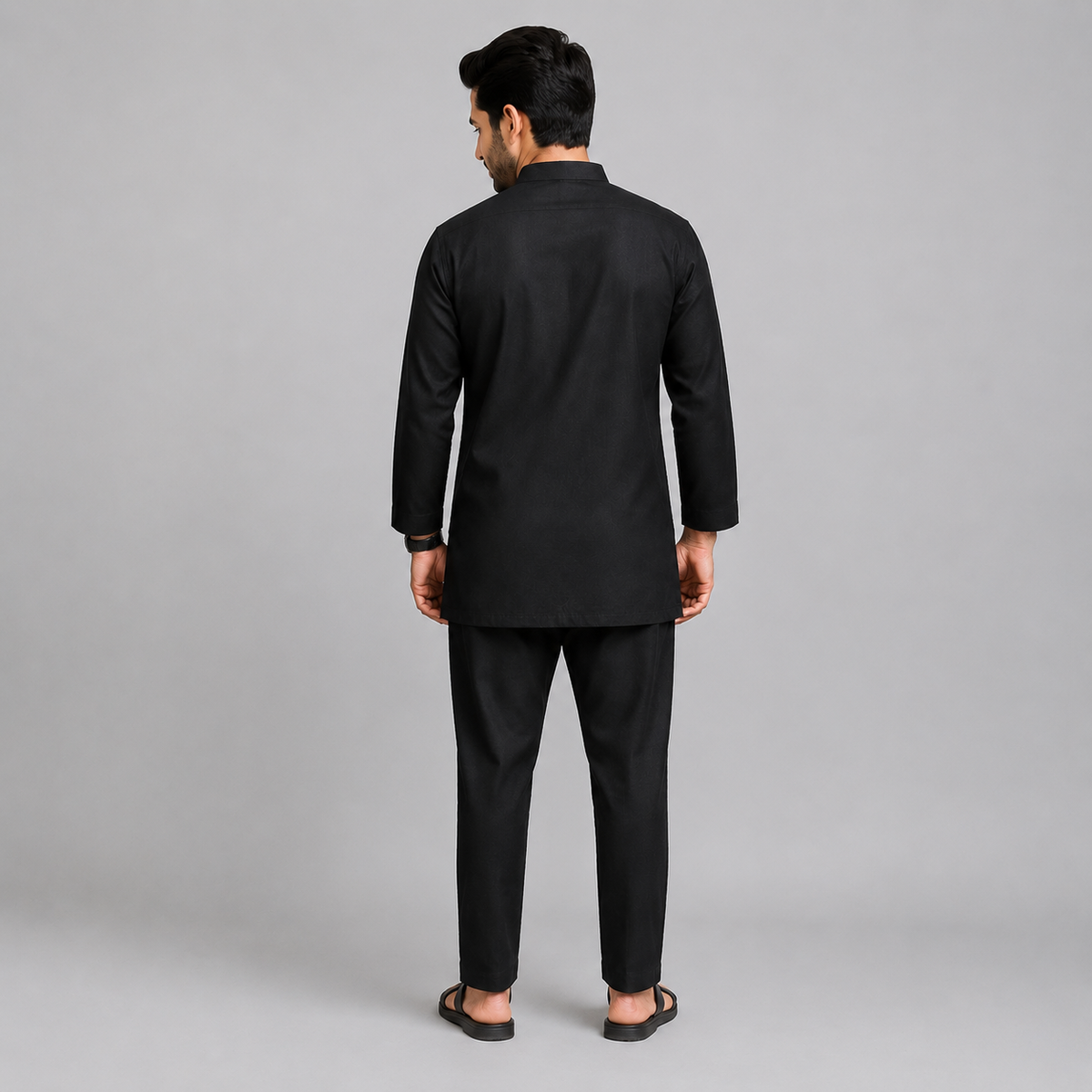 Black Kurta Pyjama with Attached Jacket