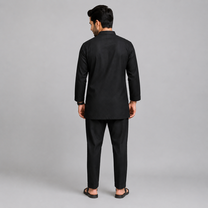 Black Kurta Pyjama with Attached jacket