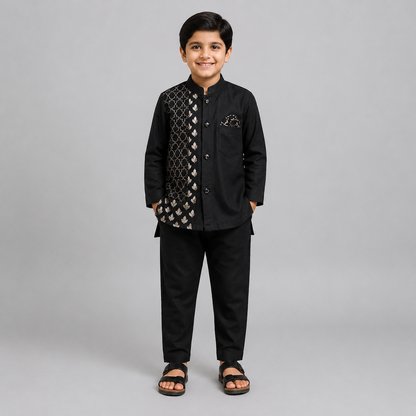 Black Kurta Pyjama with Attached Jacket