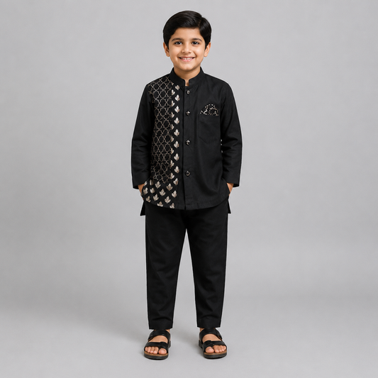Black Kurta Pyjama with Attached Jacket