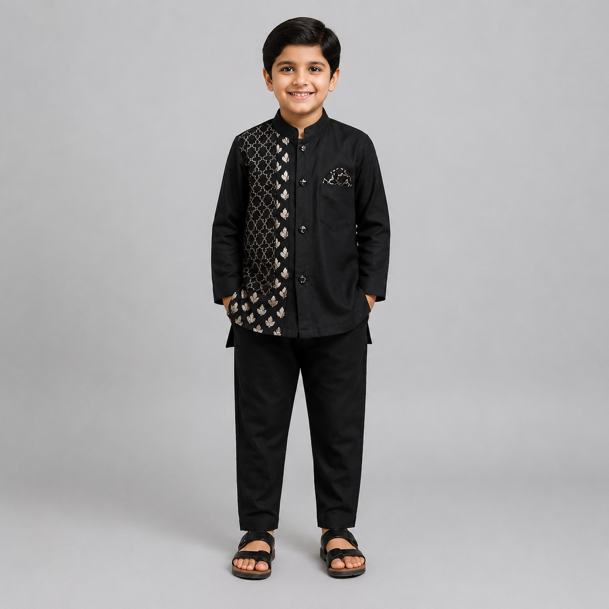 Black Kurta Pyjama with Attached jacket