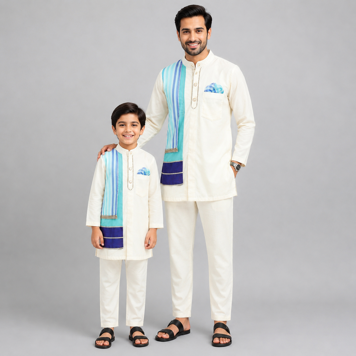 Offwhite kurta pjama with Attached jacket panels