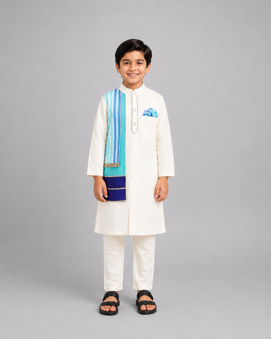 Offwhite kurta pjama with Attached jacket panels