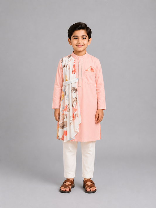 Asymmetric Pleat Print Peach Kurta Pyjama