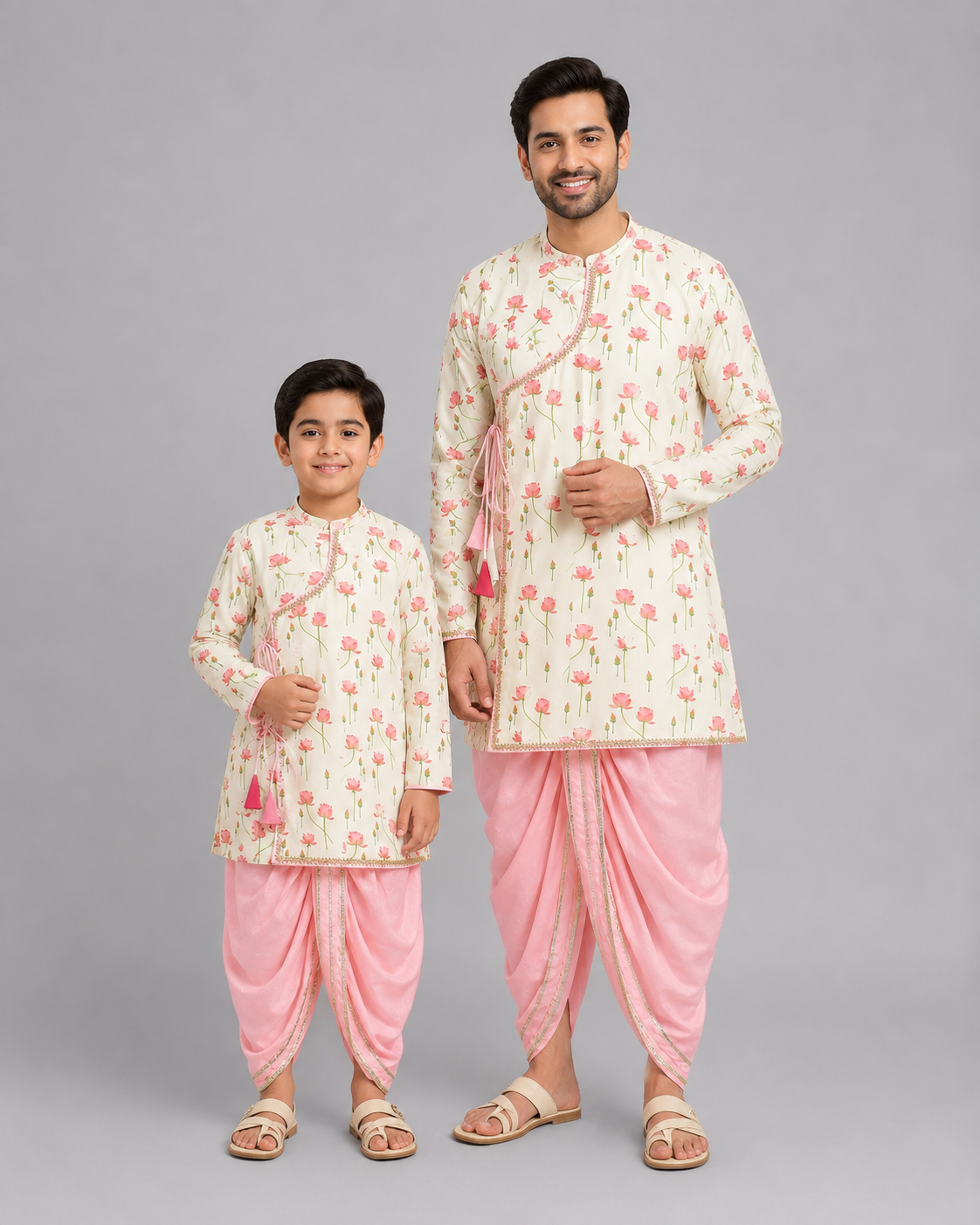 Off White / Baby Pink lotus Print Kurta Dhoti set