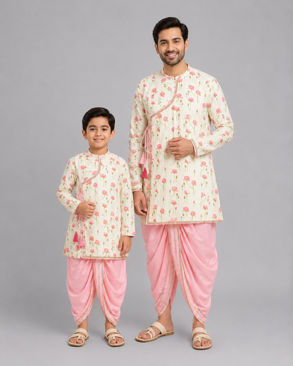 Off White / Baby Pink lotus Print Kurta Dhoti set